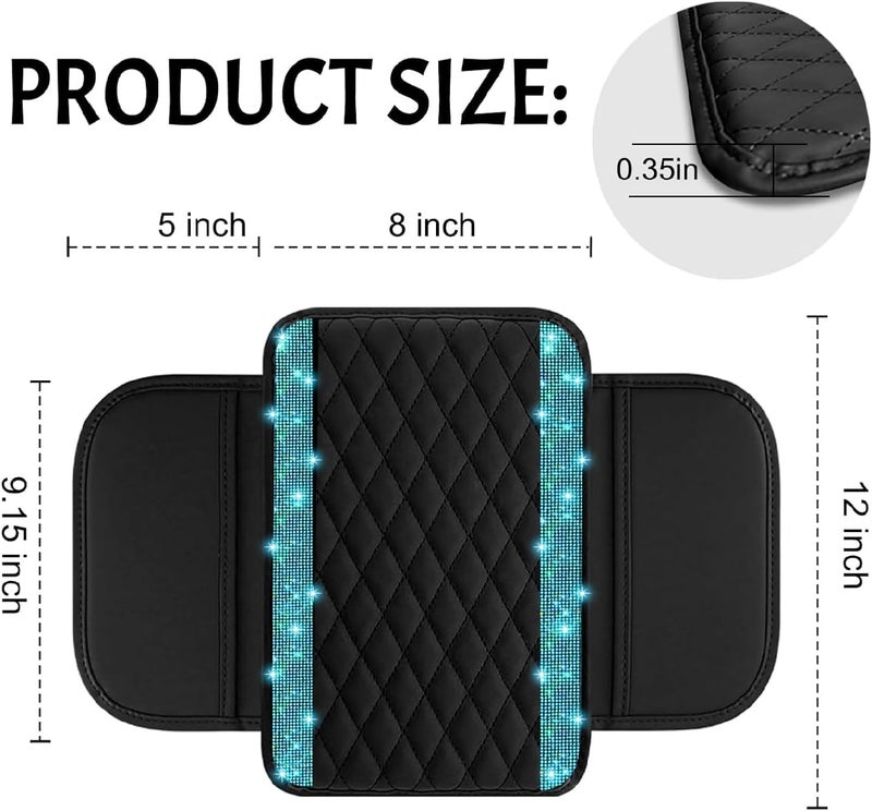 NBTEPEM Bling Car Center Console Cover, Leather Car Arm Rest Cover Cushion with 2 Storage Bags, Universal Auto Armrest Protector Storage Box, Bling Accessories Interior for Most Vehicles (Aquamarine) - Image 2